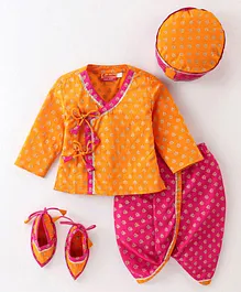 Exclusive from Jaipur Cotton Full Sleeves Angrakha Dhoti Kurta Set with Cap & Booties - Orange & Pink