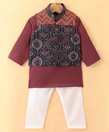 Exclusive from Jaipur Cotton Full Sleeves Kurta Pyjama Set with Jacket - Red & Navy Blue