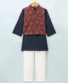 Exclusive from Jaipur Cotton Full Sleeves Kurta Pyjama Set with Jacket - Blue & Maroon