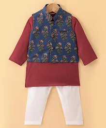 Exclusive from Jaipur Cotton Full Sleeves Kurta Pyjama Set with Floral Printed Jacket - Red & Navy Blue