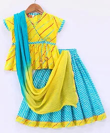 Exclusive from Jaipur Cotton Half Sleeves Choli with Lehenga & Dupatta Leheriya Pattern - Yellow & Firozi