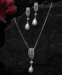 CLARA 925 Sterling Silver Rhodium Plated Queen Pearl Pendant Earring Chain Set Gift - 12.6 g