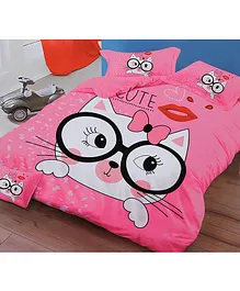 Chubby Cheeks Cat Cartoon Printed Double Bed Kids Bedsheet - Premium Bed Sheet with 2 Pillow Covers - Multicolor