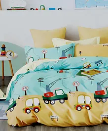 Chubby Cheeks Auto Car Cartoon Printed Double Bed Kids Bedsheet - Premium Bed Sheet with 2 Pillow Covers - Multicolor