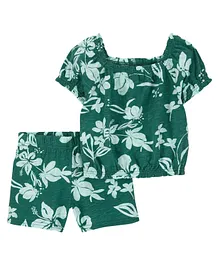 Carter's Cotton Blend Half Sleeves Floral Printed Top & Shorts Set - Green