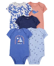 Carter's Cotton Blend Half Sleeves Onesies Sea Life & Nautical Print Pack of 5 - Multicolour