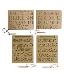 Wooden Tracing Boards Capital Alphabets  Numbers Kannada Vowel and Consonants Wooden Montessori Learning Skills Practice Brown - 4 Pieces