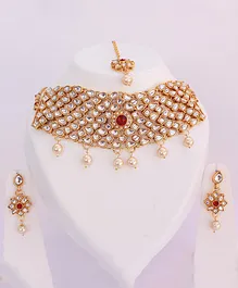 Pihoo Beads Embellished Kundan Navratri Chocker Necklace  Earrings & Maang Tikka Set - Golden