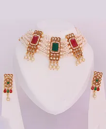 Pihoo Pearl & Kundan  Embellished  Navratri Necklace & Earrings - Multi Colour