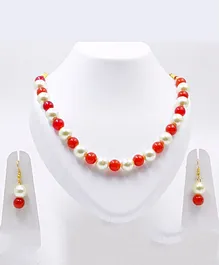 Pihoo Glass Beads Ethnic Navratri Necklace & Earrings - White & Red