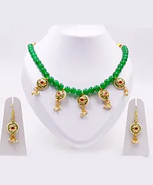 Pihoo Beads Navratri Theme Stone & Pearls Embellished Jadtar Ethnic Necklace & Earrings Set - Green