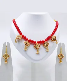Pihoo Beads Navratri Theme Stone & Pearls Embellished Jadtar Ethnic Necklace & Earrings Set - Red