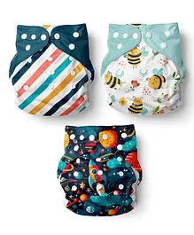 Healofy Kids Reusable Cloth Diaper Nappies With Wet-Free Improved 6 Layer Microfiber Inserts (Stripes + Bee + Space)
