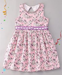 Sorbet Flowers Printed Cotton Satin Summer Dress With Pearls Lace Neckline - Pink Sorbet Flowers Printed Cotton Satin Summer Dress With Pearls Lace Neckline - Pink