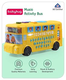 Babyhug Premium Musical Activity Yellow School Bus for Kids|Vehicle Toy with Alphabets, Numbers|Light & Music| Interactive Early Learning Toy | Best Birthday Gift| BIS Certified