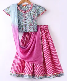 Exclusive from Jaipur Cotton Woven Half Sleeves Floral Printed Choli & Leheriya Lehenga  Set with Dupatta - Firozi & Rani