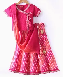 Exclusive from Jaipur Cotton Woven Half Sleeves Lace Detailed Choli & Leheriya Lehenga Set with Dupatta - Rani