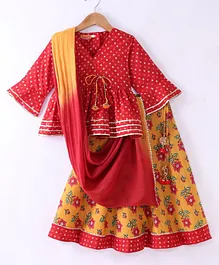 Exclusive from Jaipur Cotton Woven Half Sleeves Choli & Lehenga Set with Dupatta - Yellow & Red