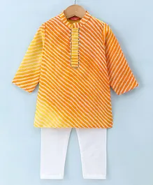 Exclusive from Jaipur Cotton Woven Full Sleeves Striped Kurta Pyjama Set - Yellow & Orange