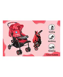 Mee Mee Baby Stroller/Pram for 0-3 Years - Spacious Storage Feeding Tray Multi Recline Reversible Handle 5-Point Harness, Red