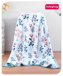 Babyhug Premium Reversible Plush Soft & Warm Double Layer Blanket Floral Print with Stripes - Blue