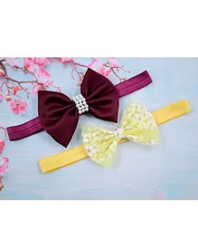 Little Miss Cuttie Set Of 2 Bow Detailed Pearl Embellished Tulle Satin Headbands - Wine Red & Yellow