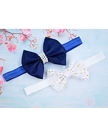 Little Miss Cuttie Set Of 2 Bow Detailed Pearl Embellished Satin Headbands - Navy Blue & White