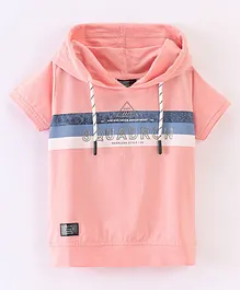 RUFF Lycra Knit Half Sleeves Hooded T-Shirt With Text Print - Pink