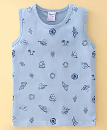 Taeko Single Jersey Knit Sleeveless T-Shirt Boat & Sun Print- Blue