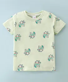Taeko Single Jersey Knit Half Sleeves T-Shirt House Print- Mint Green