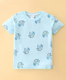 Taeko Single Jersey Knit Half Sleeves T-Shirt House Print- Sky Blue