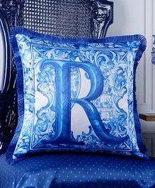 The White Ink Decor indigo motif with a delicate floral border fine satin cushion cover with Fringe Edging and concealed zipper - Blue