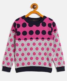 RVK Full Sleeves Polka Dots Printed Colour Blocked Cotton Pullover - Rani Pink