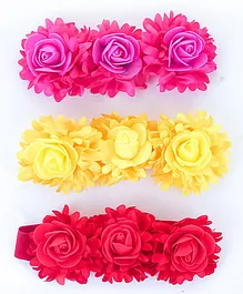 Tia Hair Accessories Set Of 3 Frill Flower Applique Embellished Strechy Headband -Red Yellow & Dark Pink