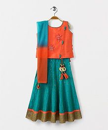 Bluebell Sleeveless Choli Lehenga With Dupatta - Green Orange Bluebell Sleeveless Choli Lehenga With Dupatta - Green Orange