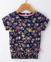 Fido Single Jersey Knit Half Sleeves Top With Floral Print - Navy Blue