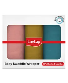 Luv Lap 100% Muslin Cotton Plain Dyed Baby Swaddle Wrapper Set Pack Of 3 - Multicolour