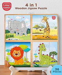 Play Nation 4 in 1 Premium Wooden Jigsaw Wild Animal puzzle - 36 Pieces| Educational Toy for Cognitive Development| Montessori Learning Toy| BIS Certified| 3 Years+