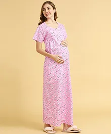 MomToBe Half Sleeves Floral Printed Nighty With Concealed Zipper Nursing Access - Pink