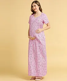 MomToBe Half Sleeves Floral Printed Maternity Nighty With Concealed Zipper Nursing Access - Pink