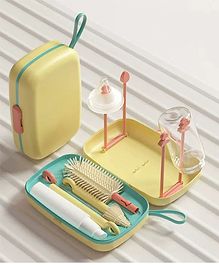 Multipurpose Bottle & Nipple Cleaning Brush Set Along With Bottle Drying Rack - Yellow