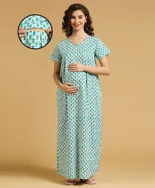 MomToBe Half Sleeves Floral Printed Maternity Feeding Nighty With Concealed Zipper -  Green