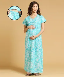 MomToBe Half Sleeves Floral Printed Maternity Feeding Nighty With Concealed Zipper - Blue