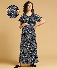 MomToBe Half Sleeves Floral Printed Maternity Feeding Nighty With Concealed Zipper - Navy Blue