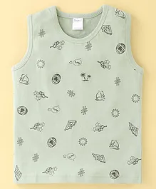 Taeko Single Jersey Knit Sleeveless T-Shirt Palm Tree Print - Fog Green