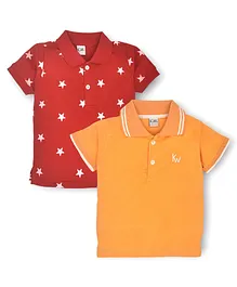 Kiwi 100% Cotton Pack of 2 Half Sleeves Solid & Star  Printed Polo Neck Tees - Red & Gold