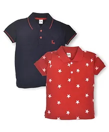 Kiwi 100% Cotton Pack of 2 Half Sleeves Solid & Star  Printed Polo Neck Tees - Red & Navy Blue