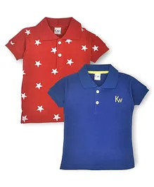 Kiwi 100% Cotton Pack of 2 Half Sleeves Solid & Star  Printed Polo Neck Tees - Red & Blue
