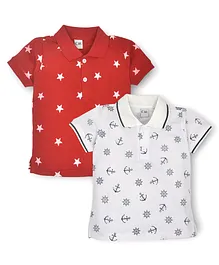 Kiwi 100% Cotton Pack of 2 Half Sleeves Anchor & Star Printed Polo Neck Tees - Red & White