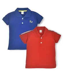 Kiwi 100% Cotton Pack of 2 Half Sleeves Solid & Side Tape Detailed Polo Neck Tees - Red & Blue